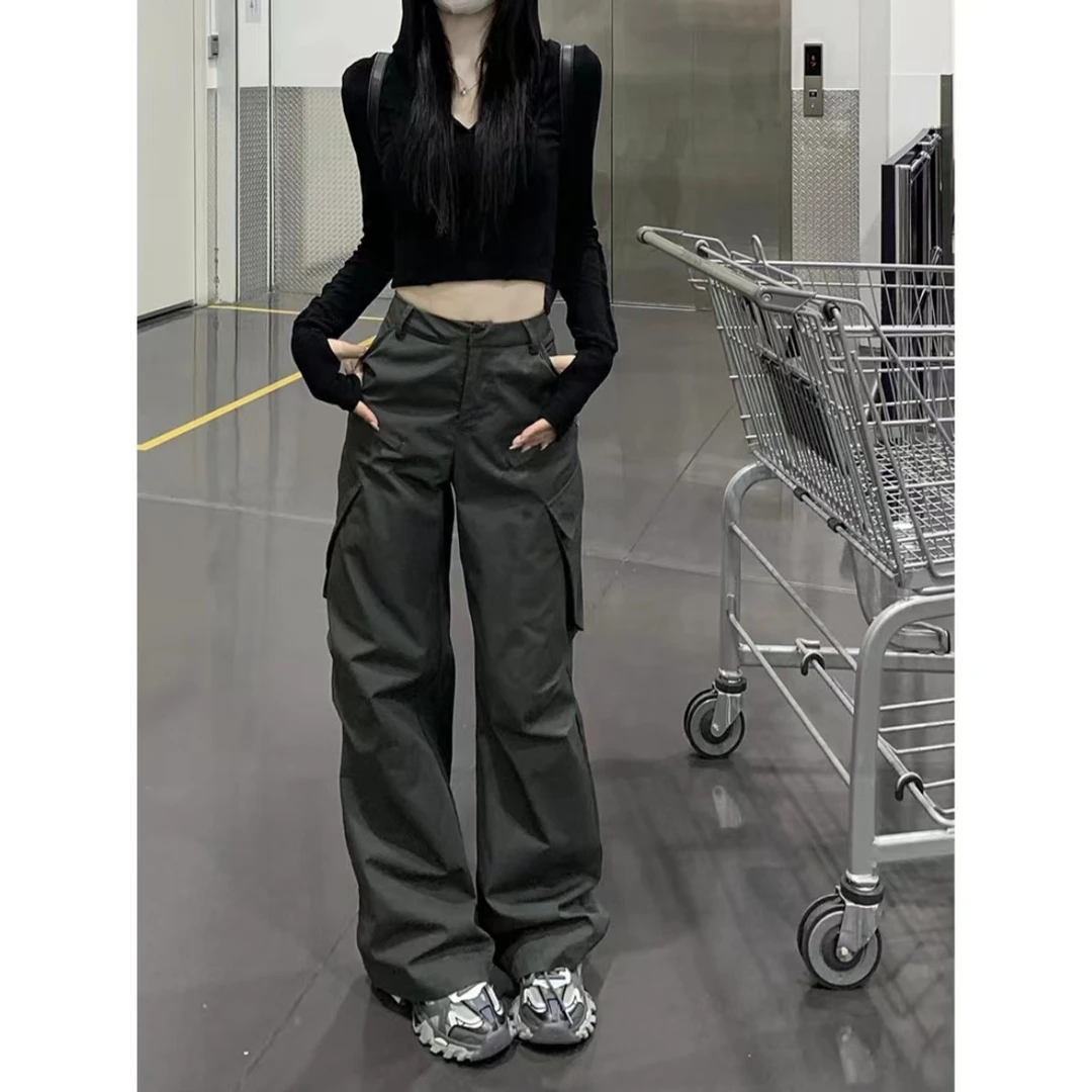 薄款工装裤女复古美式高腰直筒显瘦裤阔腿裤休闲裤ins设计感高街