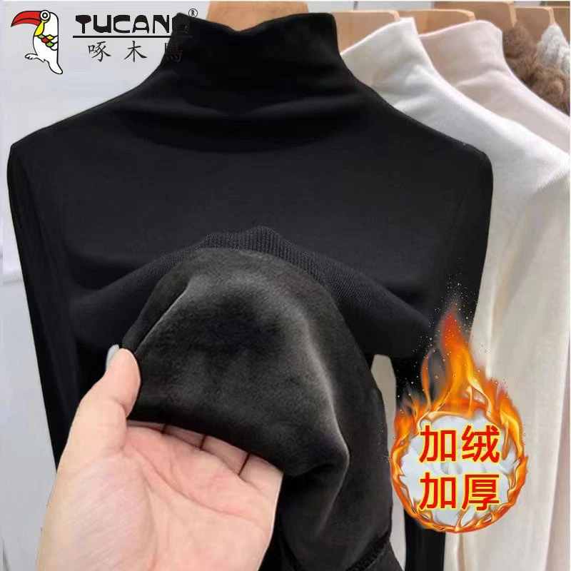 啄木鸟秋冬季加绒保暖显瘦百搭螺纹高领长袖修身T恤女上衣打底衫