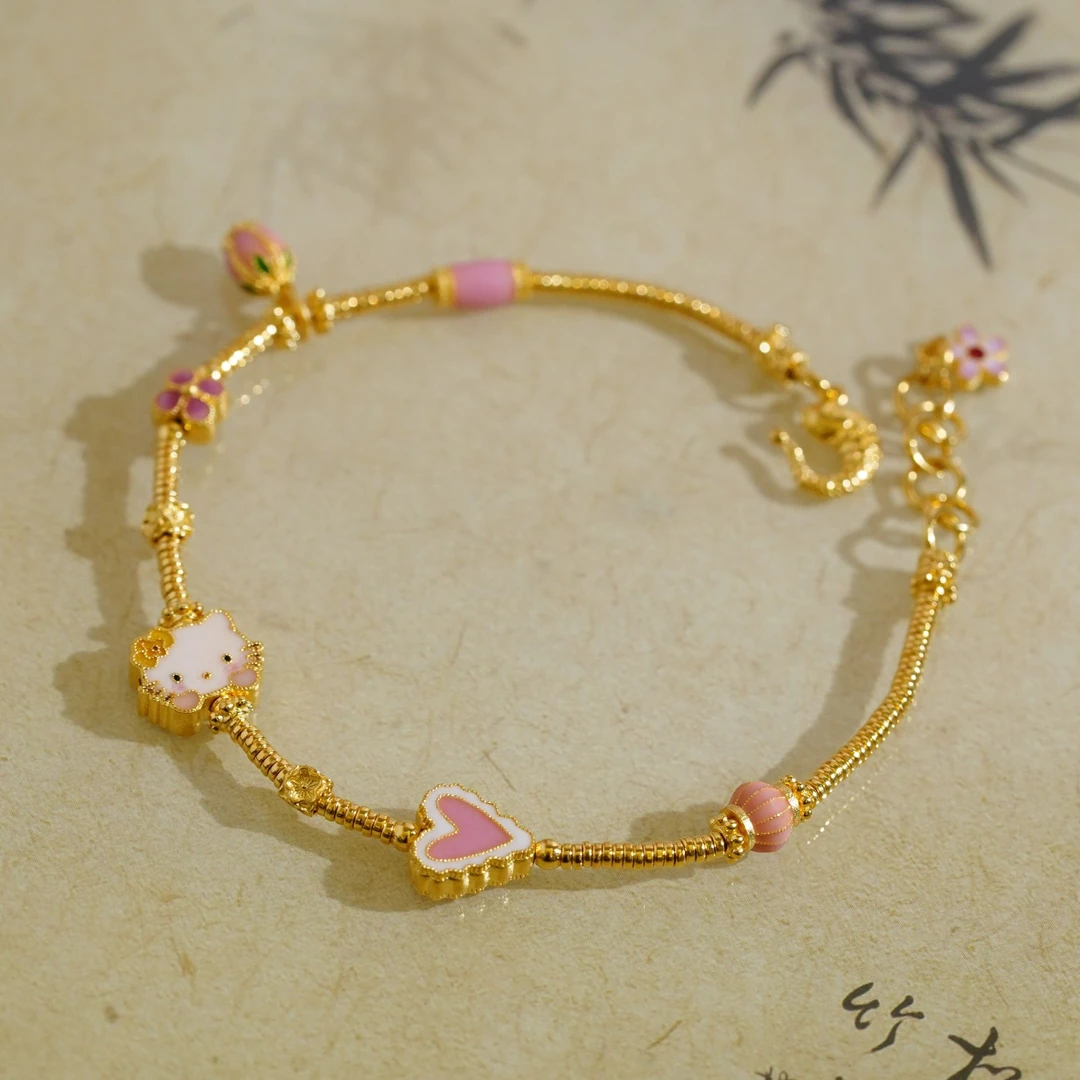 足金999多巴胺爱心小粉猫可调节盘缠手链 PC0220