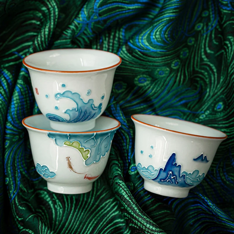 陶瓷茶杯日式羊脂玉瓷纯手绘茶杯家用单个杯子浮雕图案