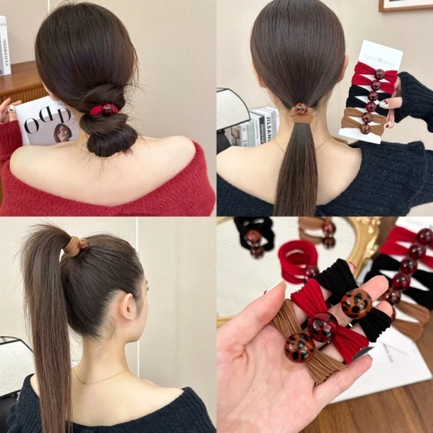 小蕊 简约豹纹球球条纹扎头发绳高弹力发圈女皮筋高马尾头绳发饰