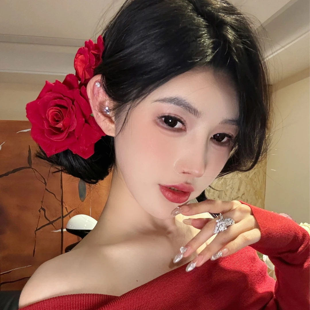 一大一小气质玫瑰花发夹女复古红色超仙百搭侧边优雅鸭嘴夹发饰女