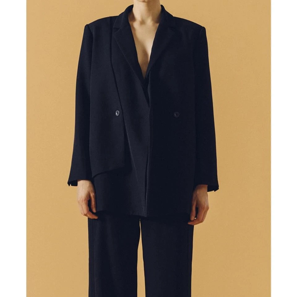 LESERBIE奕色V领双排扣时尚摩登垫肩假两件宽大西装外套商场同款