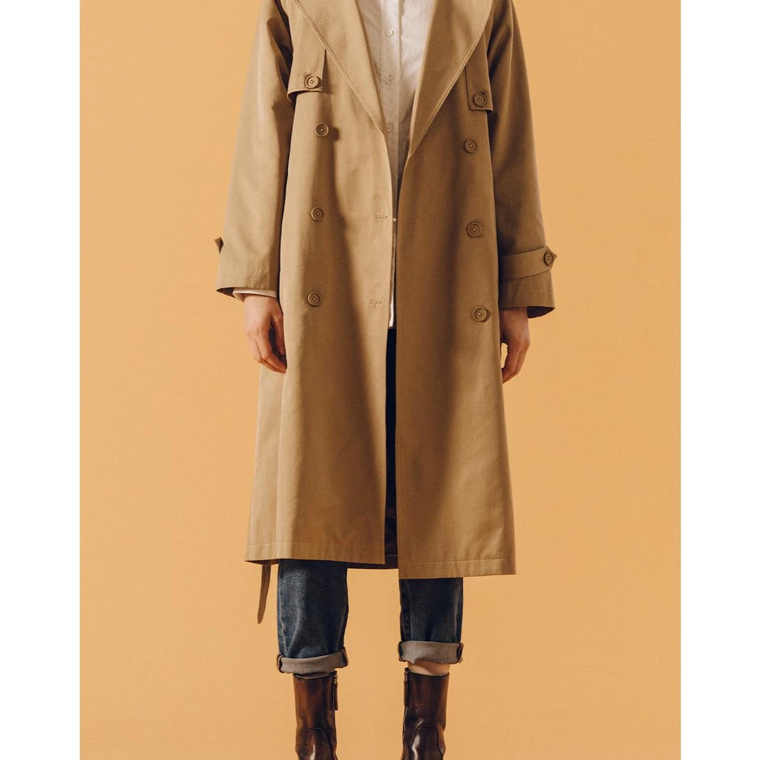 LESERBIE奕色卡其色经典双排扣蕾丝拼接风衣