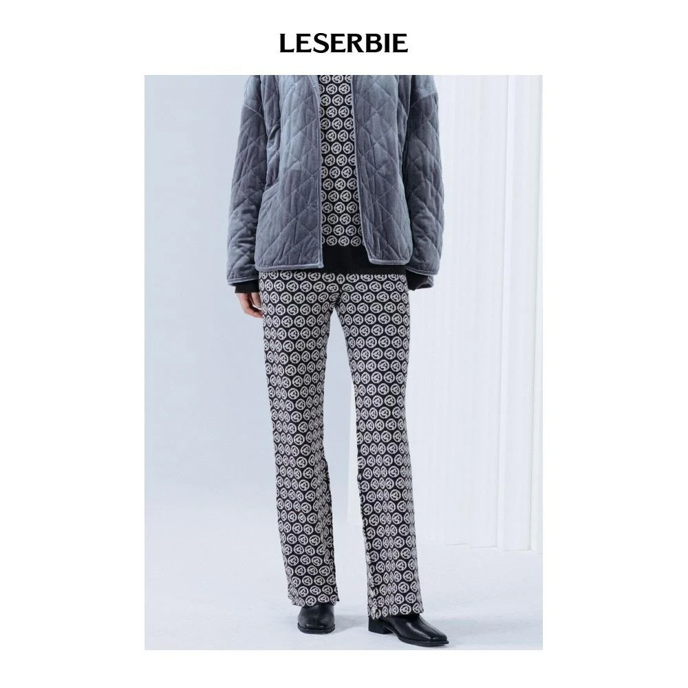 LESERBIE奕色品牌LOGO提花长款开叉直筒针织裤 女 商场同款