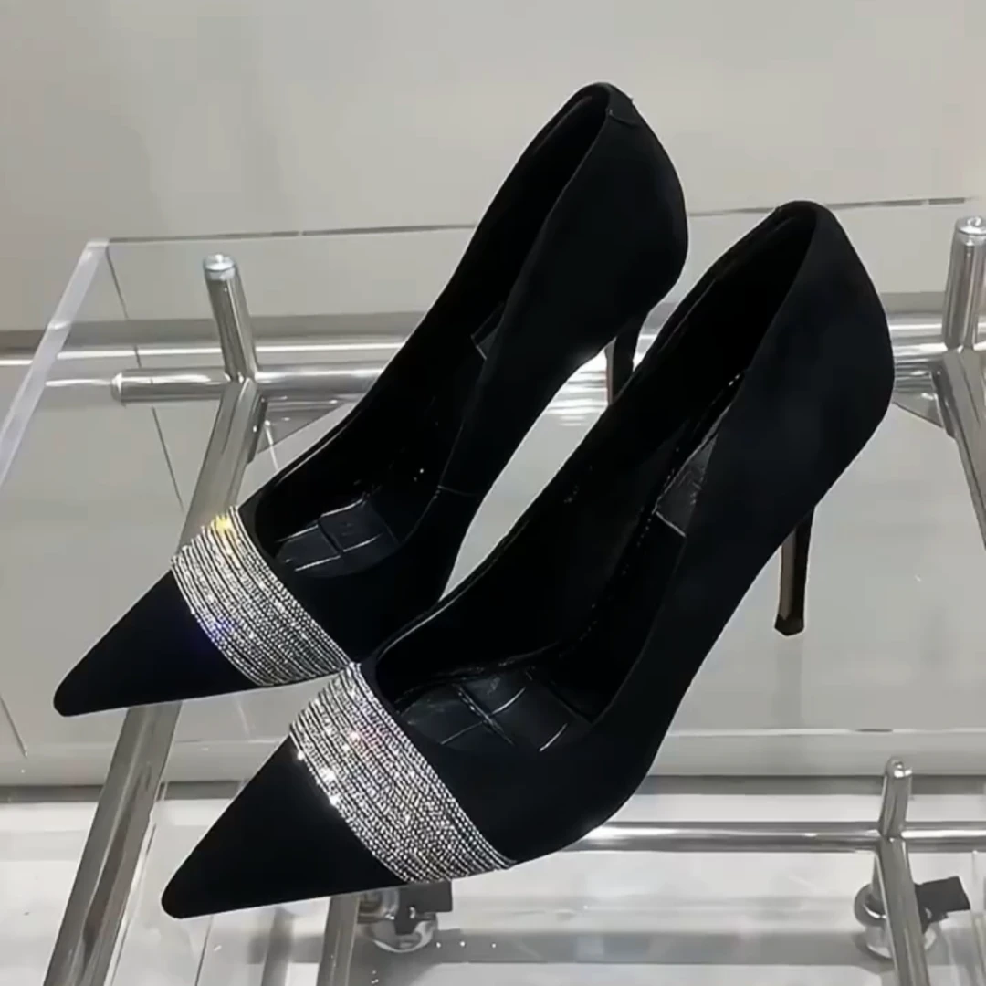 黑色鞋女细跟2023新款秋冬尖头绒面细高跟法式气质浅口百搭单鞋