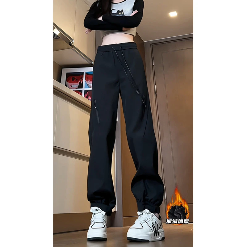 黑色宽松显瘦法式运动百搭休闲裤加绒直筒工装裤直筒裤男阔腿裤