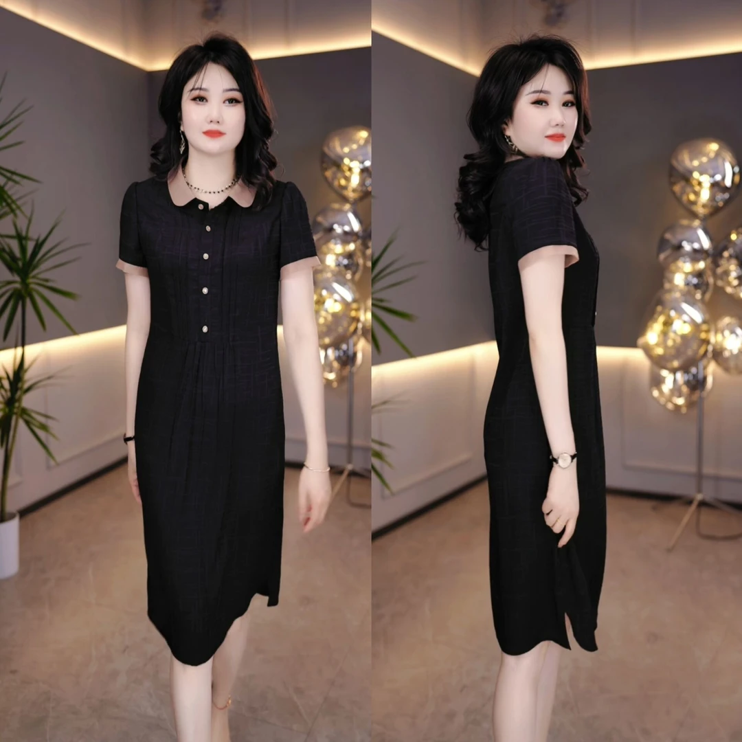 YH2024夏立裁设计暗纹提花精纺琉璃丝垂感压褶高腰线短袖连衣裙