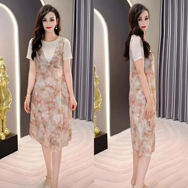 夏季小清新田园碎花减龄2024新款透气轻羽丝薄款短袖中长款连衣裙