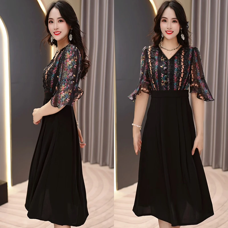 夏新款2024珍珠纱拼接轻羽丝优雅显瘦减龄百搭中长款假两件连衣裙