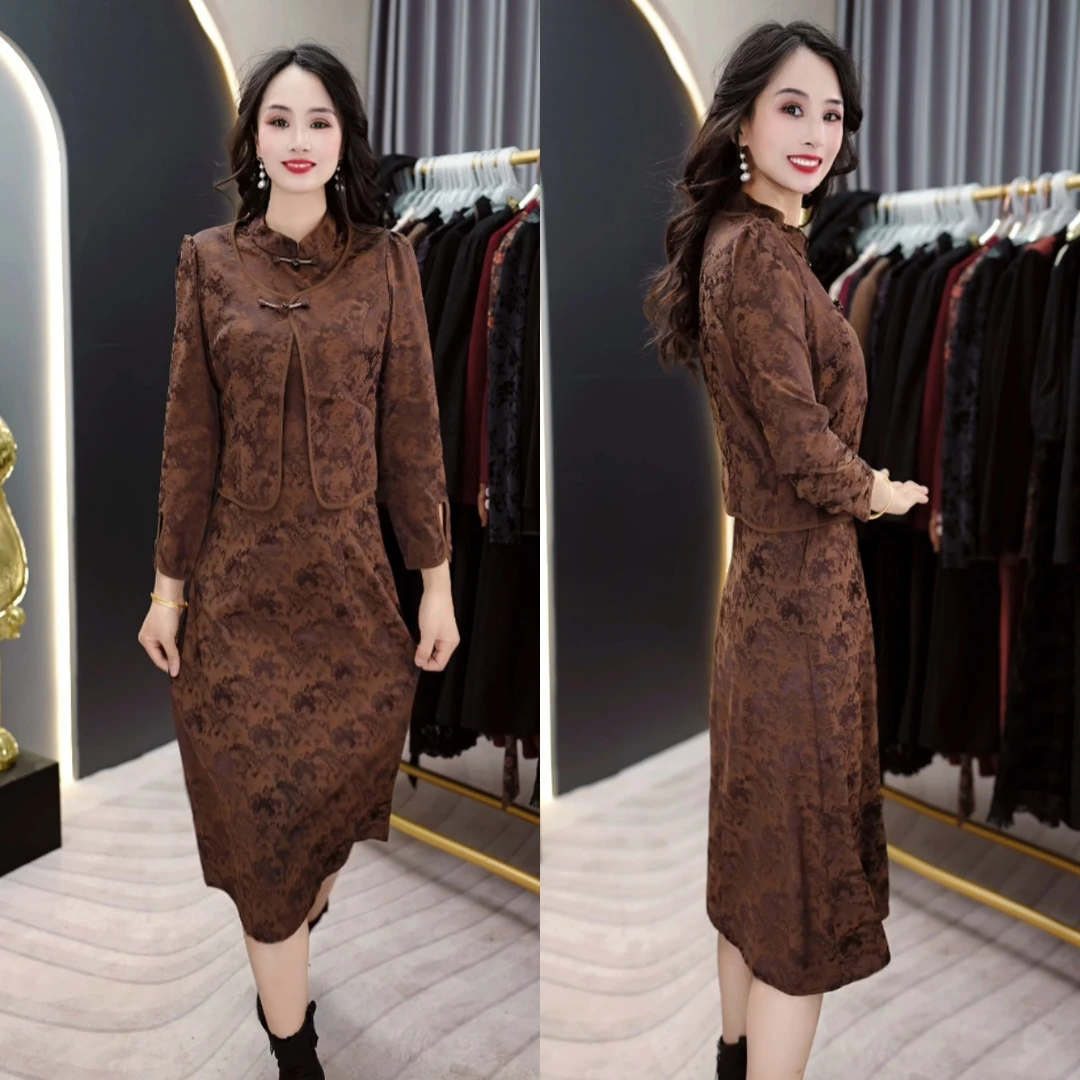 2024年秋季长袖显气质高级设计感时尚百搭两件套连衣裙M-4XL