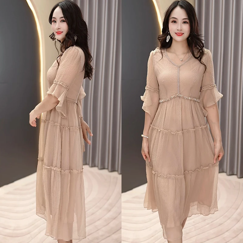 夏季2024新款鎏金纱高级女人味优雅贵气显瘦遮肉中长款时尚连衣裙