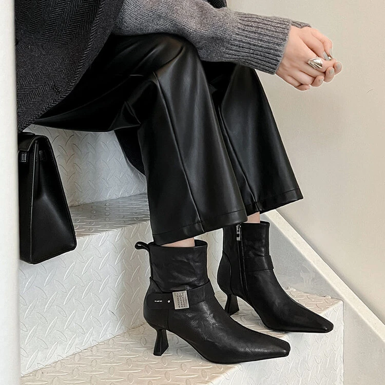 黑色细跟粗跟短靴高跟尖头秋冬瘦瘦靴春秋气质网红时尚百搭加绒