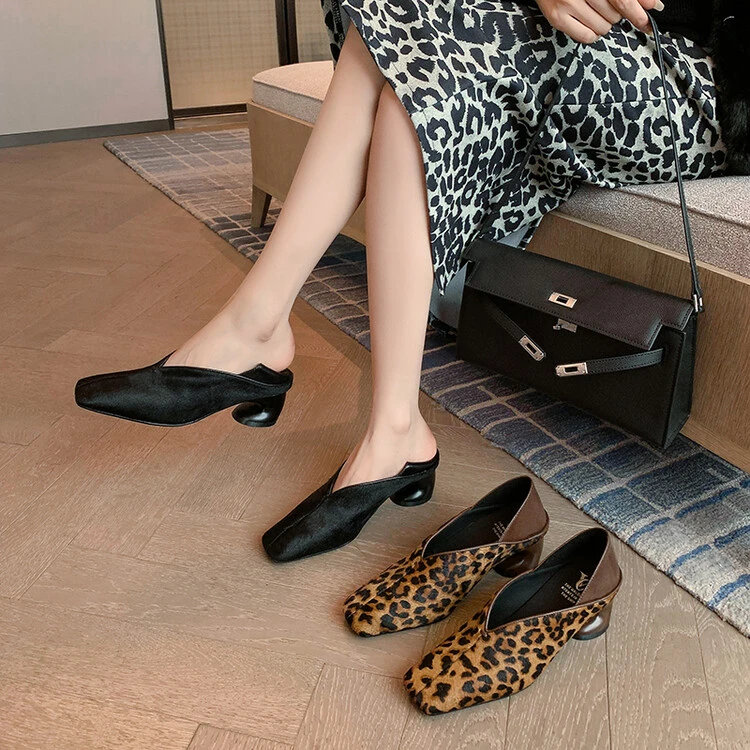 女鞋单鞋时尚粗跟包头高跟尖头方头气质百搭夏季复古平底浅口中跟