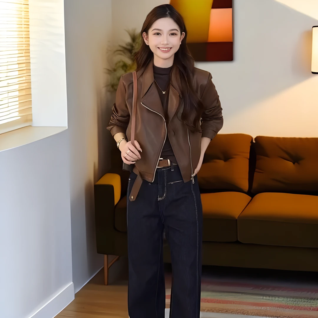 海宁皮衣女外套短款小个子气质显高PU皮夹克秋季新款水洗皮机车服