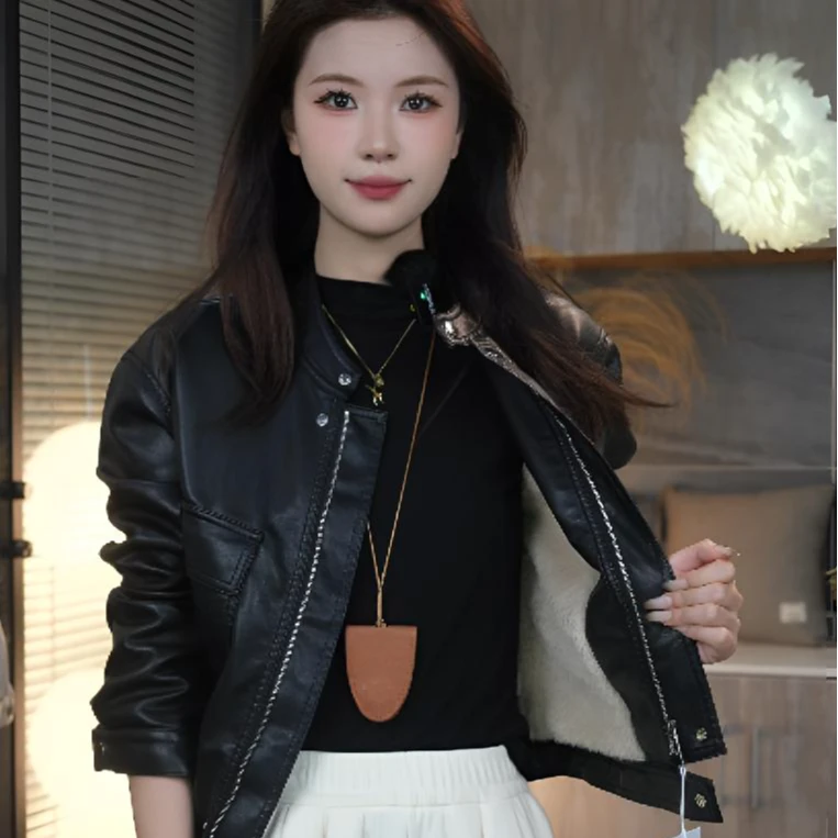 海宁加绒加厚皮衣外套女秋冬气质百搭工装机车服短款时尚pu皮夹克
