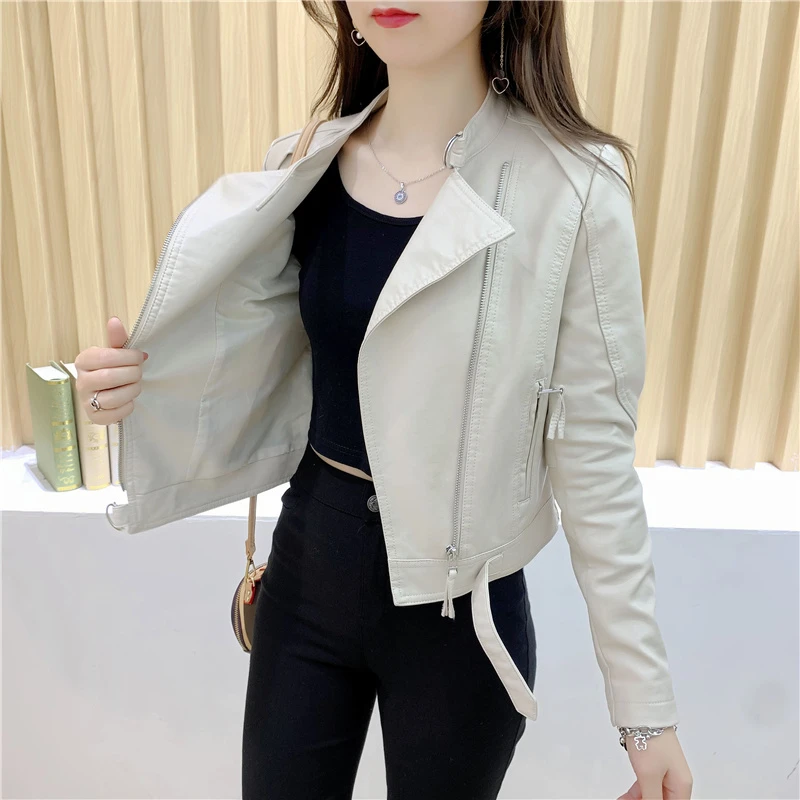 海宁洋气皮衣外套女修身百搭短款pu皮夹克显瘦圆领女士时尚上衣女