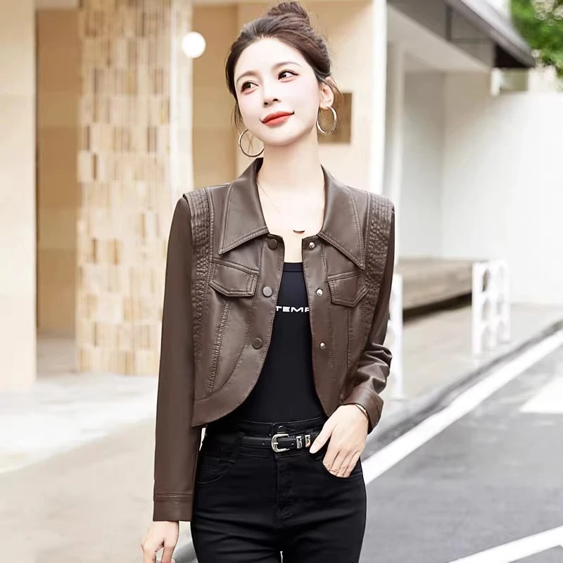 欧货复古皮衣外套女短款小个子春秋新款正肩皮夹克机车服pu上衣女