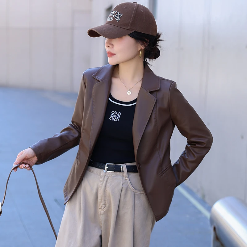 西装皮衣女外套海宁新款高级感初秋皮夹克气质显瘦时尚pu皮机车服