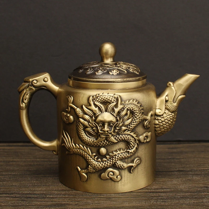 纯黄铜龙凤茶壶摆件茶具把把壶马上胡高档家居家用创意雕刻摆件