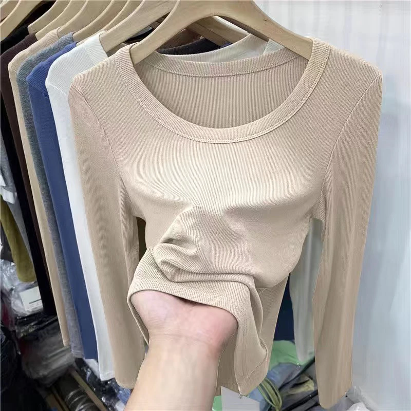 2025新款圆领纯色时百搭尚针织打底衫t恤秋冬简约长袖上衣圆领