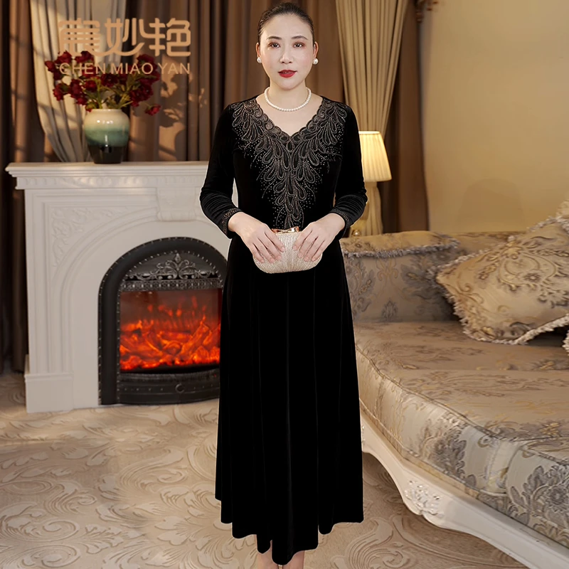 宸妙艳气质新款金丝绒连衣裙大码妈妈装A字裙时尚喜婆婆婚宴礼服