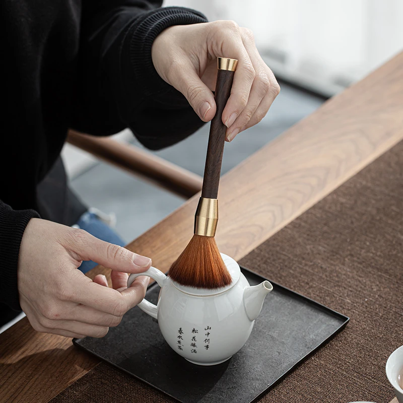 家用手工铜木养壶笔黑檀花梨实木茶刷毛刷双用扫水功夫茶道茶配件