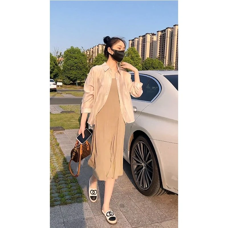 后背开叉新中式盘扣长袖防晒衬衫吊带两件套连衣裙夏季新款套装