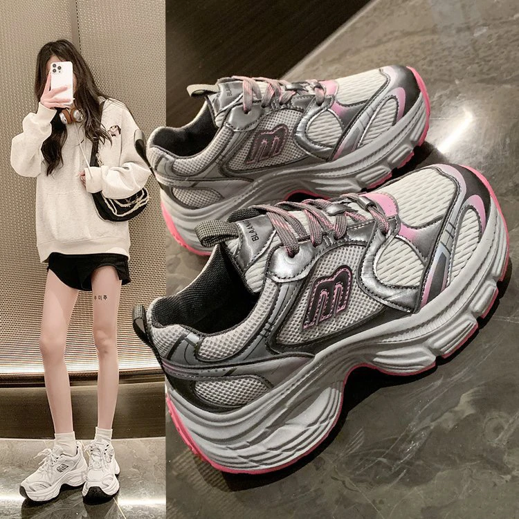 2024春季新款高颜值老爹鞋女拼色百搭厚底增高情侣款运动休闲鞋