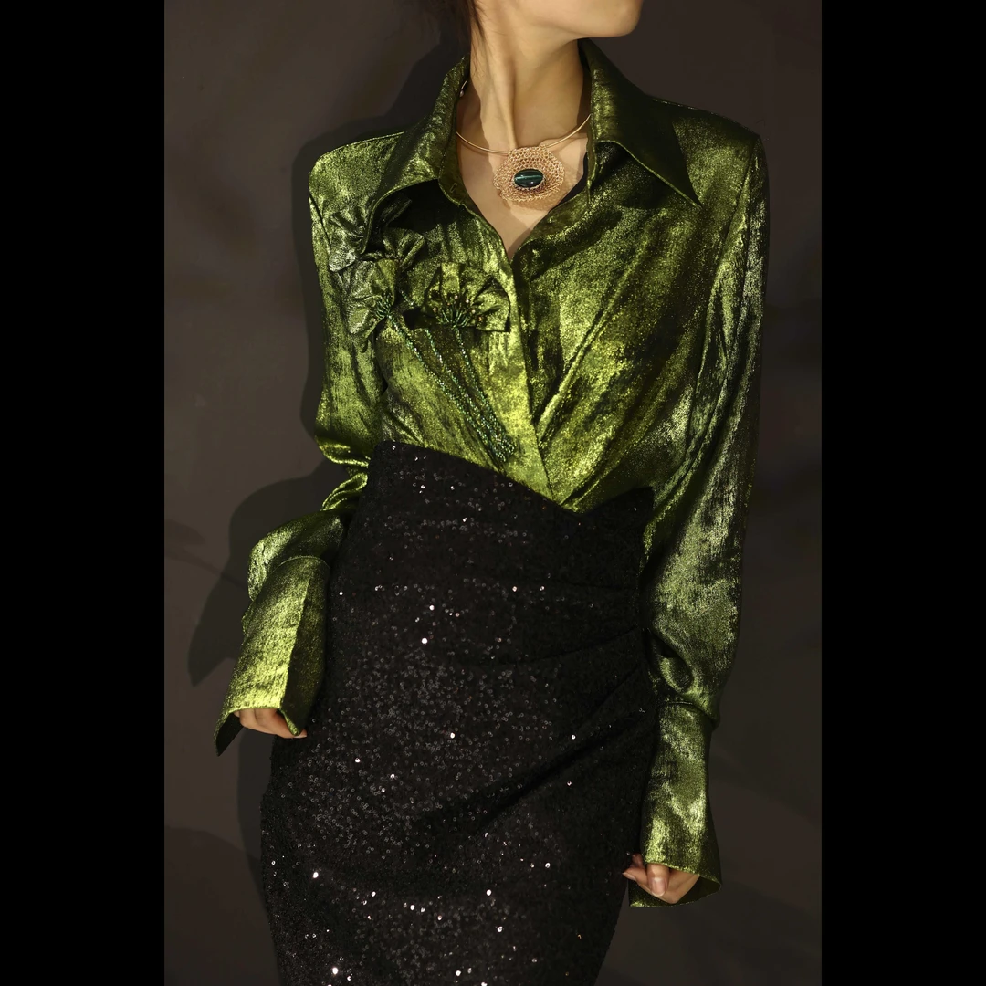 【奢宴时光】夏季轻奢鎏金重工钉珠气质显瘦长袖时尚法式名媛女上衣