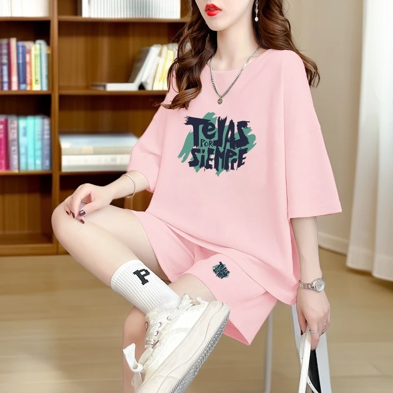 夏季短袖短裤两件套装女时尚夏天少女学生跑步宽松大码休闲运动服