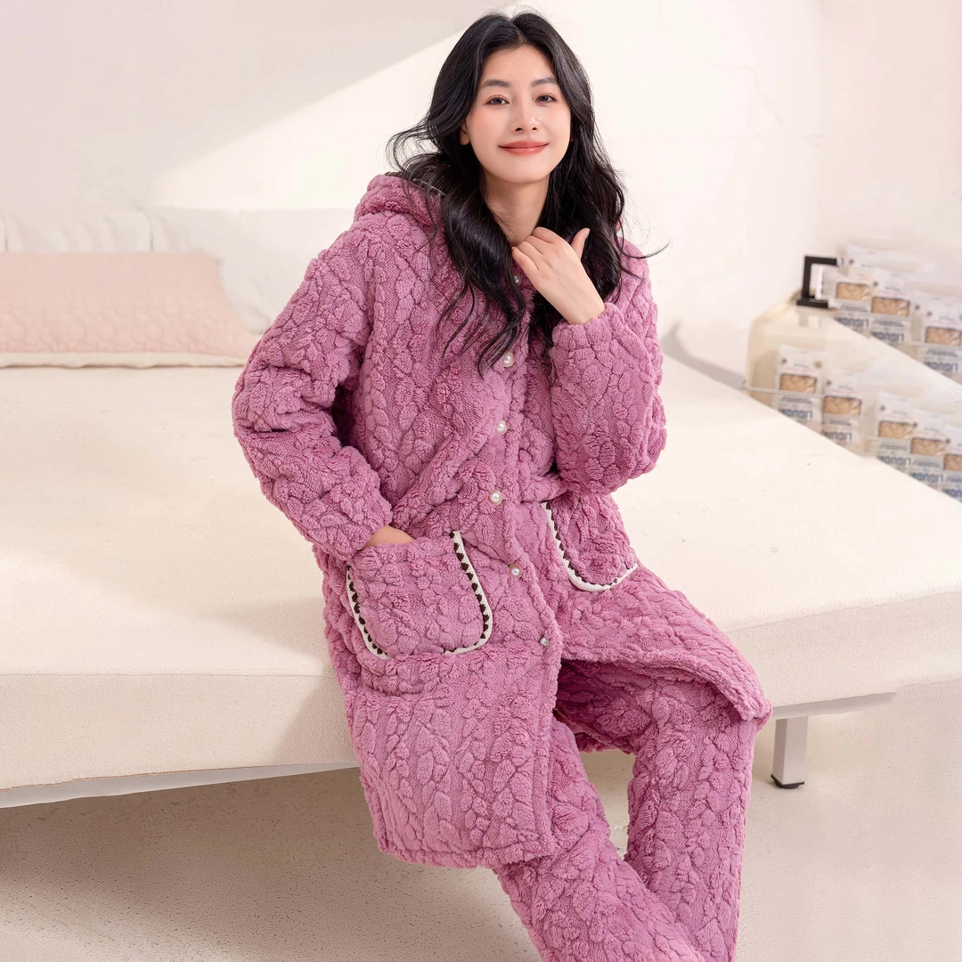 冬季居家服夹棉睡衣女士三层加厚牛奶绒抗静电女加绒保暖套装