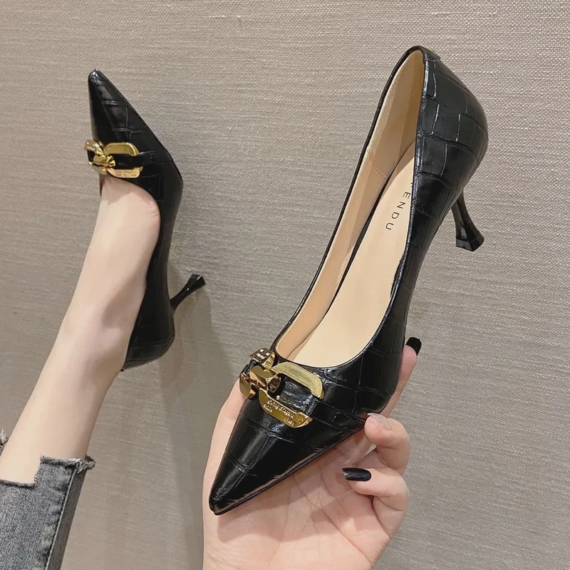 单鞋新款百搭性感尖头高跟鞋细跟气质浅口黑色工作鞋7186