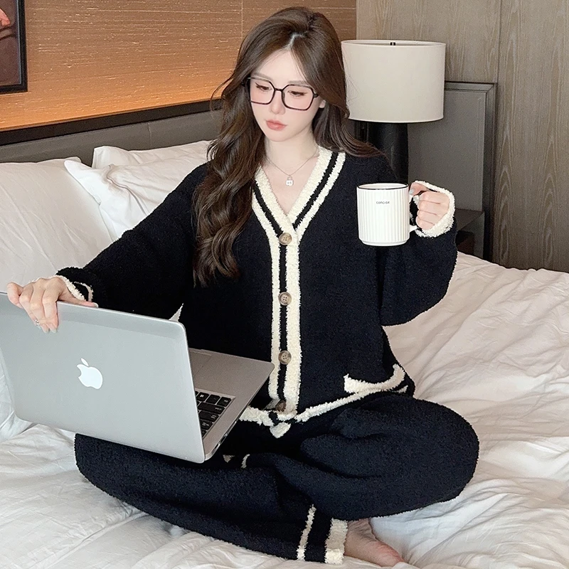 2024新款半边绒睡衣女士冬季轻奢加厚珊瑚绒保暖家居服套装可外穿