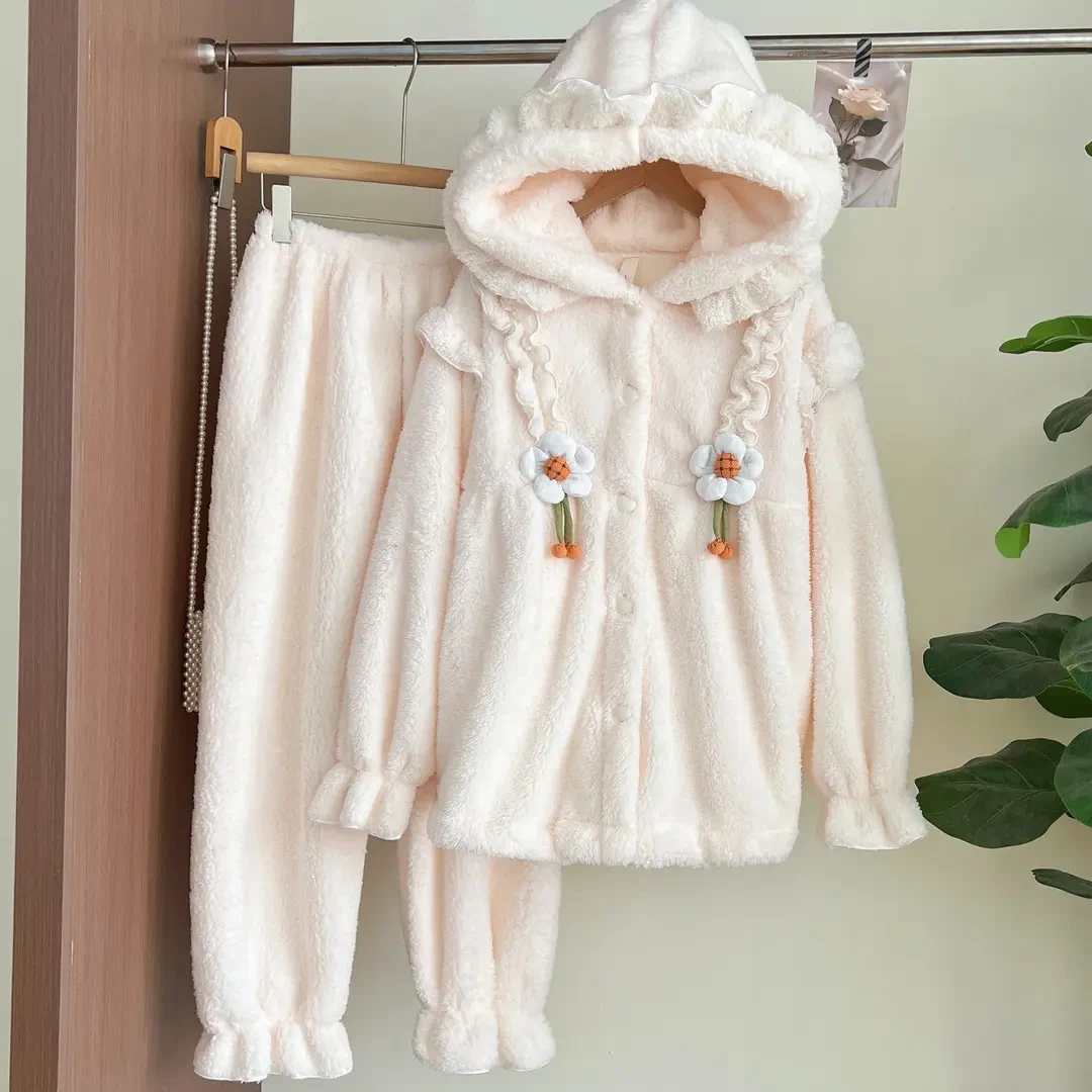 秋冬季女士珊瑚绒睡衣女套装加绒加厚连帽保暖冬天家居服可外穿