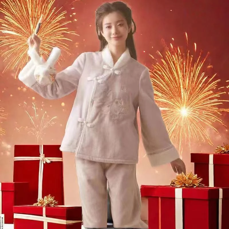 秋冬季珊瑚绒睡衣女新款2023年新中式国风汉服加绒加厚家居服套装