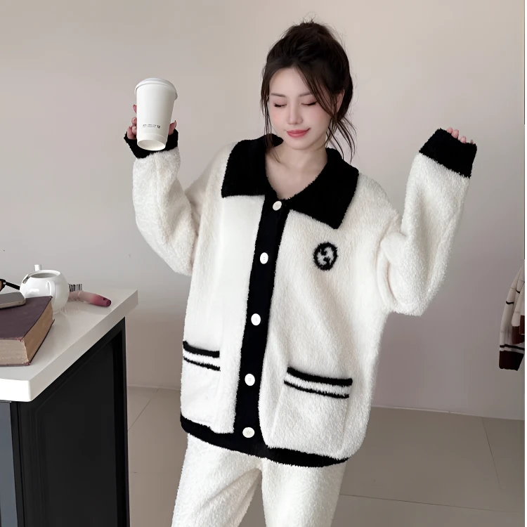 小香风半边绒睡衣女秋冬新款高级感黑白开衫加厚珊瑚绒家居服套装