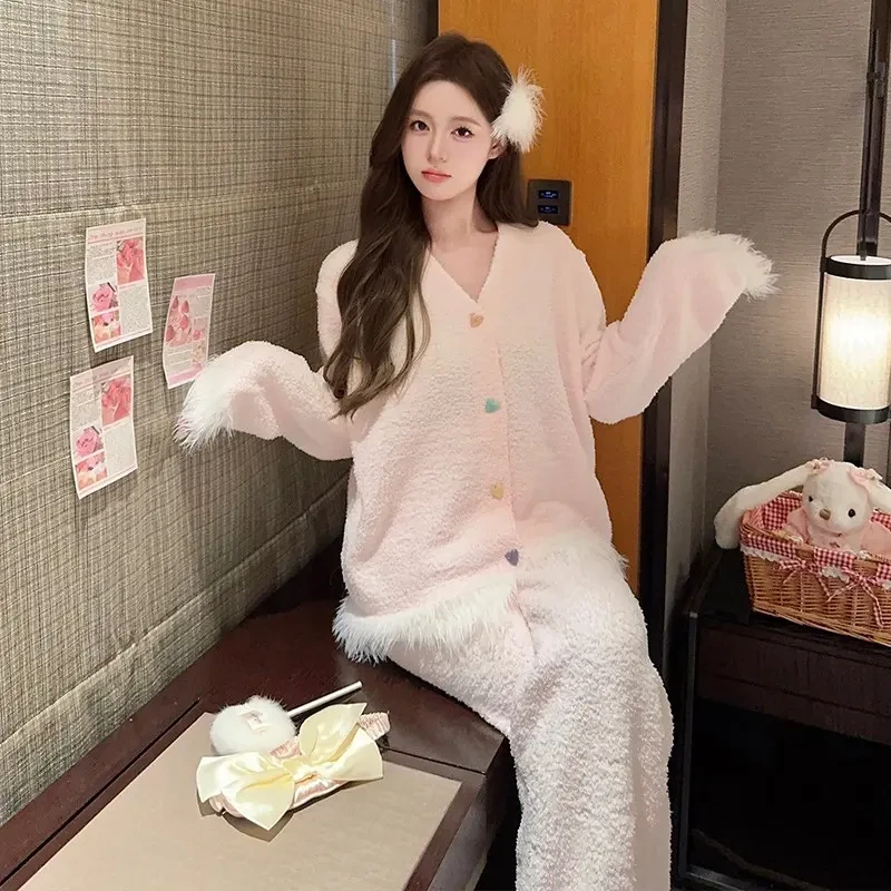 2024半边绒睡衣女秋冬季珊瑚绒新款可外穿家居服加绒加厚两件套装