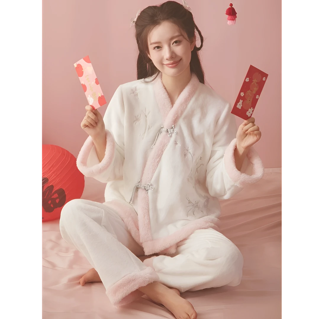 珊瑚绒加绒加厚冬季睡衣女款国风秋冬季法兰绒保暖汉服家居服套装