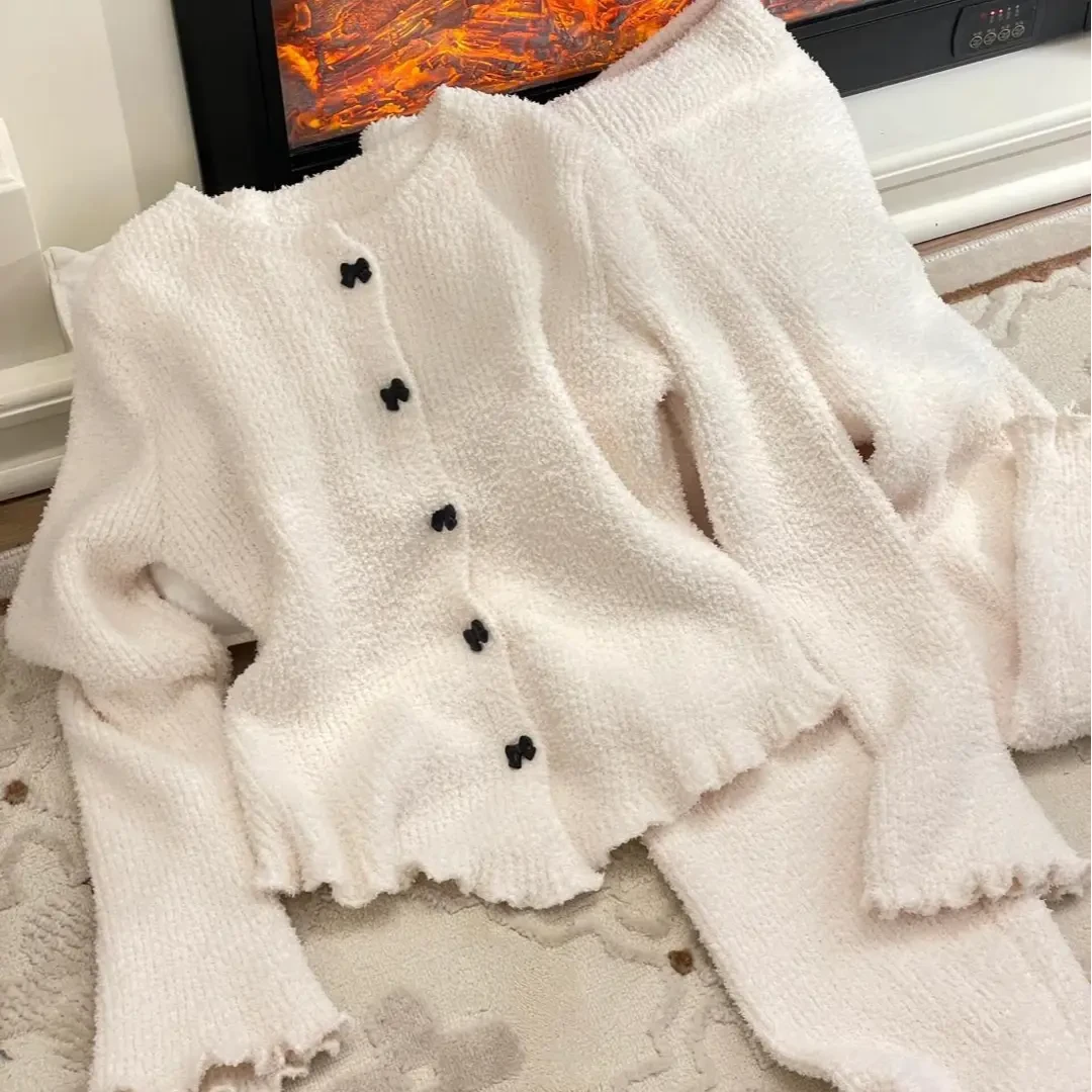 半边绒睡衣女秋冬简约蝴蝶结扣开衫软绵绵长袖长裤家居服女士套装