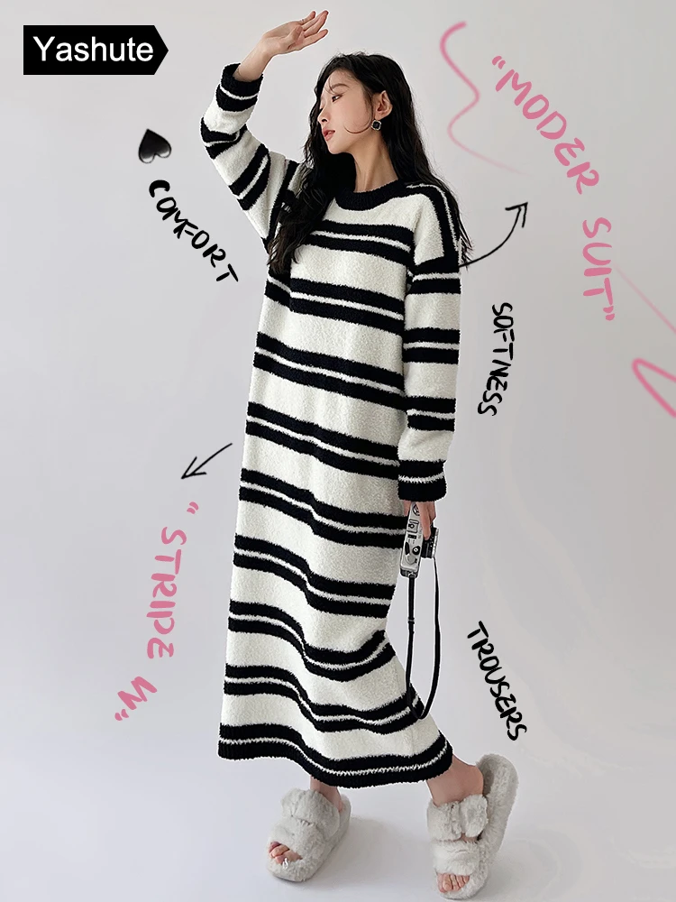半边绒睡衣女秋冬季长袖简约条纹睡裙时尚可外穿女宽松大码连衣裙