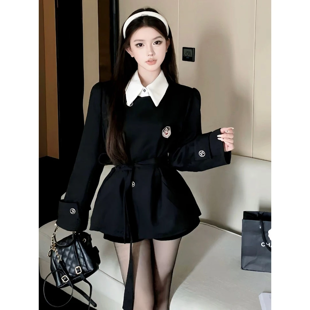 学院风假两件拼接西装外套女秋冬腰带收腰气质黑色西服大码微胖