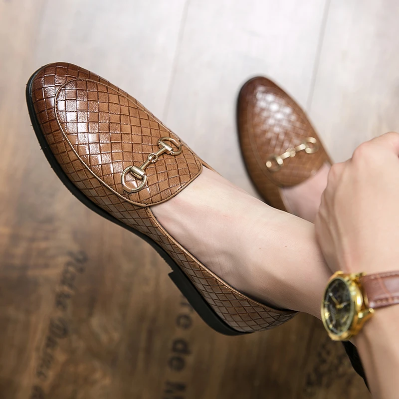 夏季尖头韩版皮鞋男套脚编织发型师皮鞋潮鞋透气潮流时尚百搭男鞋