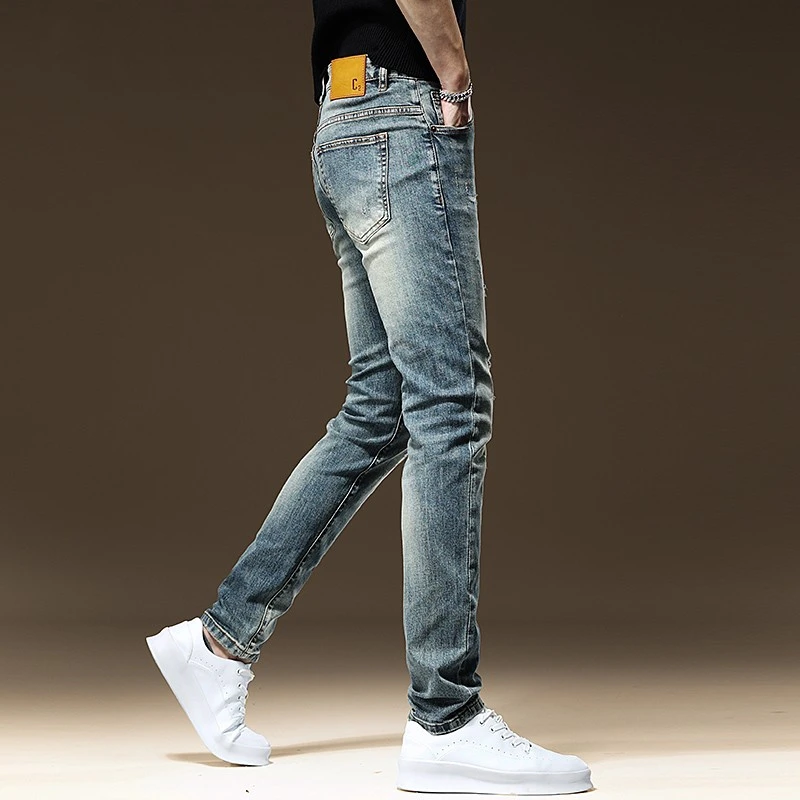 春季复古抓绒牛仔裤男士新款潮牌韩版潮流修身小脚休闲百搭长裤男