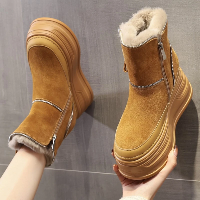 厚底雪地靴增高8-10厘米中筒秋冬雪地靴女百搭加绒冬季圆头休闲鞋