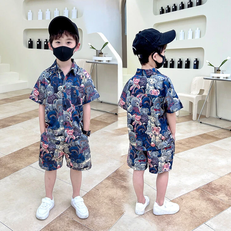 H2424（亲子装油画小熊）男童夏装套装两件套冰凉小熊薄款短袖童装