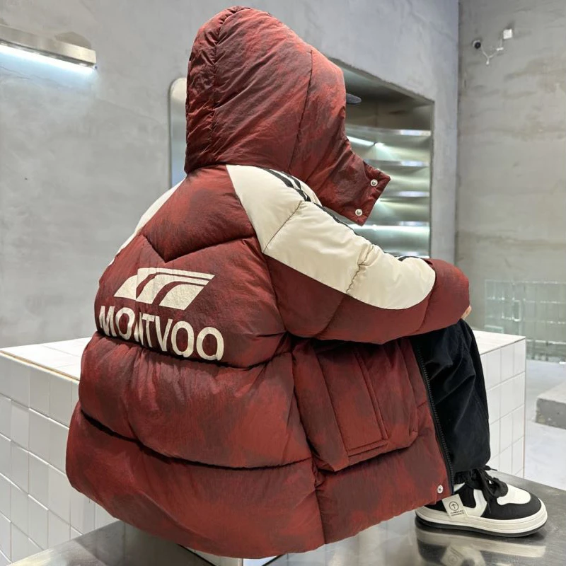 H9963冬季男女童扎染水墨画连帽加绒加棉棉袄洋气加厚男孩