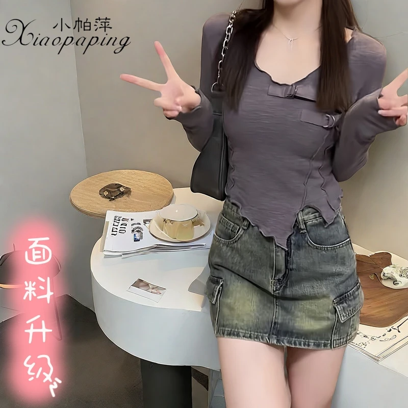 精梳棉不规则美式复古设计长袖T恤2025秋季新款打底修身显瘦上衣