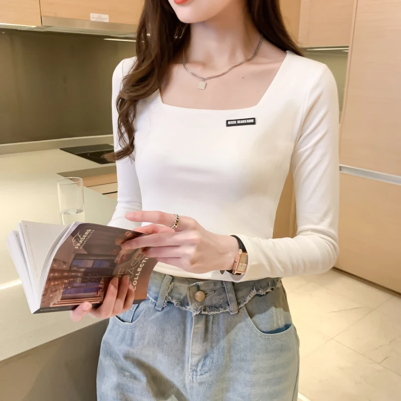 螺纹棉长袖白色T恤纯色方领打底衫女春秋季新款修身短款内搭上衣