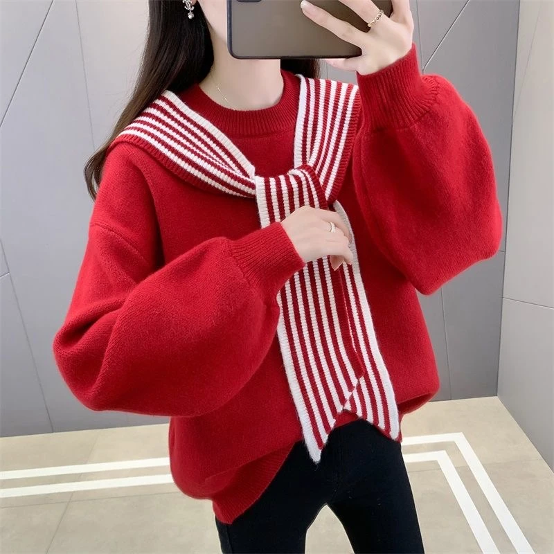 冬季新款圆领针织衫宽松套头围巾时尚休闲百搭女士显瘦上衣韩版